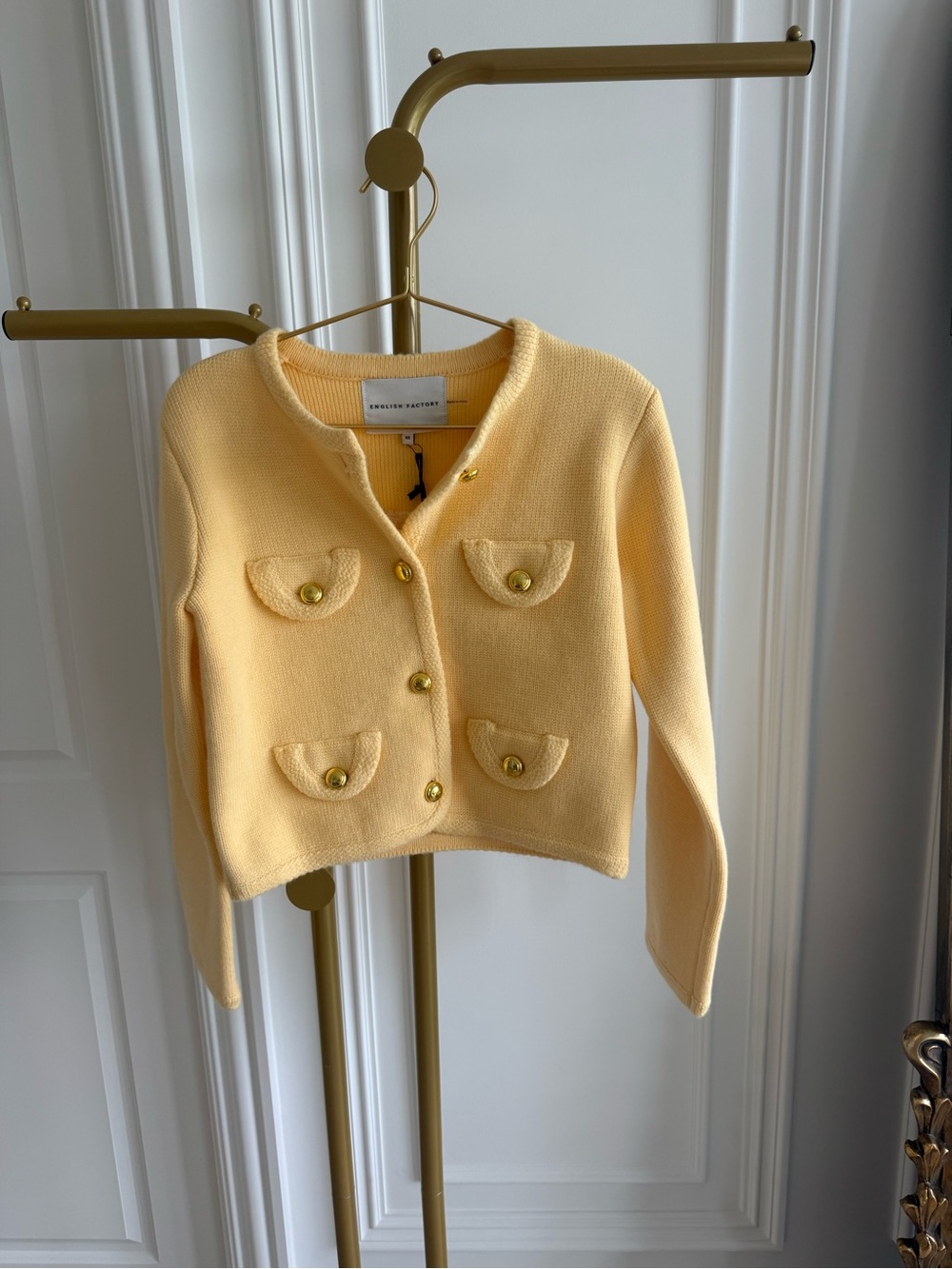 English Factory Button-Front Cropped Cardigan butter yellow XS NWT - Picture 6 of 9